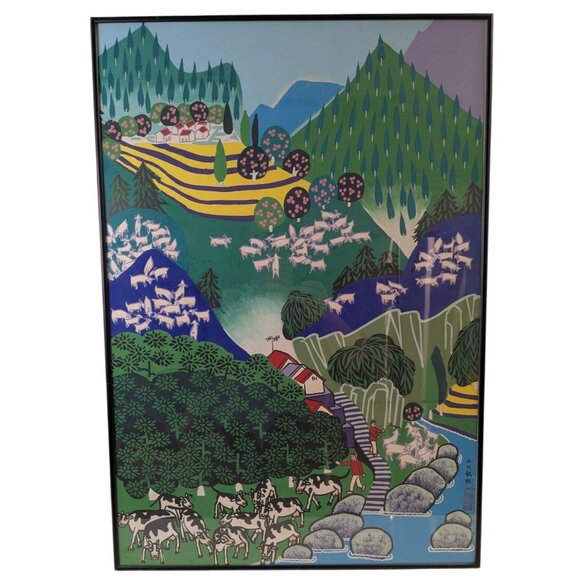 Asan Other - Asan Art Mountain Stream Free-Range Pasture 36x24 Framed Livestock Goats Cows